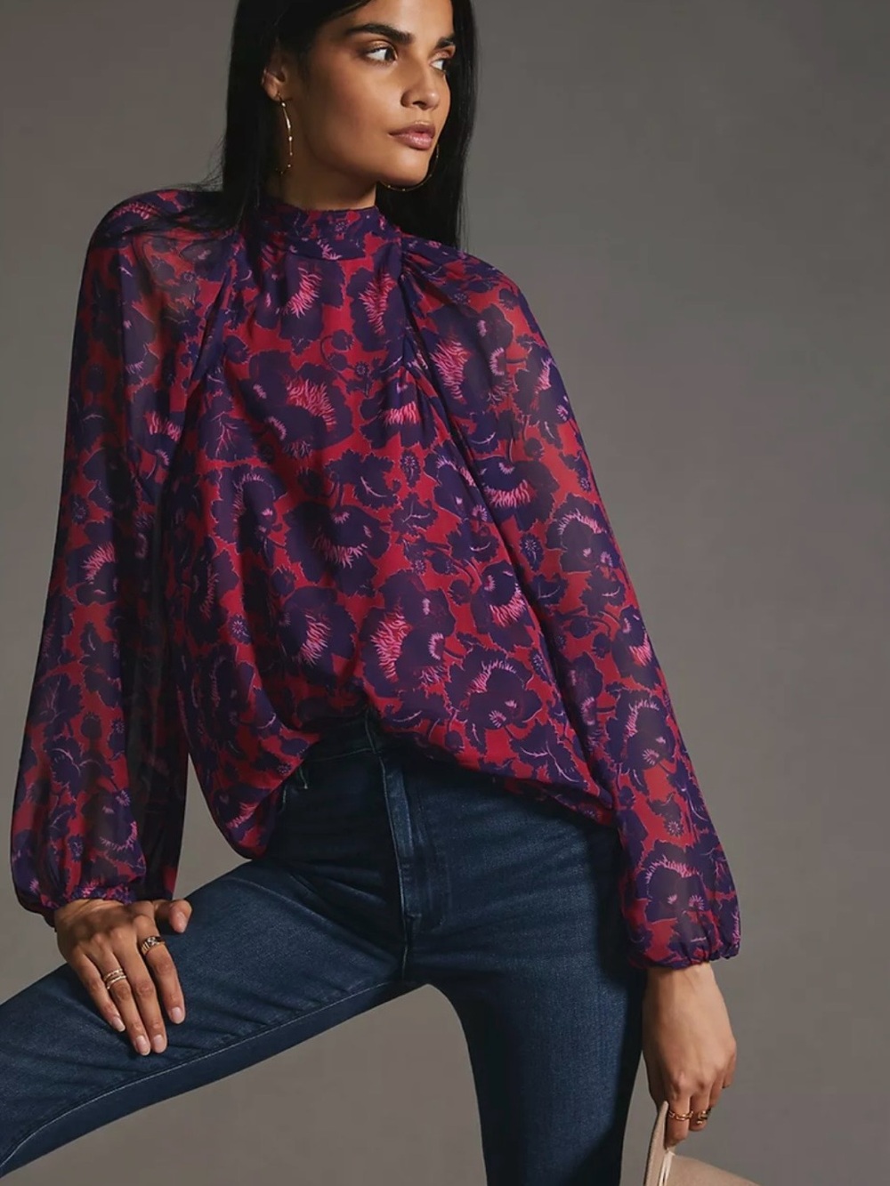 Maeve by Anthropologie Sheer High-Neck Floral Tunic Blouse - Magenta and Purple